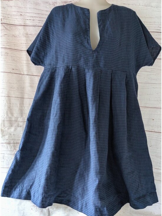 Fog Linen Dresses & Skirts - Fog Linen Women Dress Blue Empire-Waist Peasant Dress Knee Length Gingham Size L